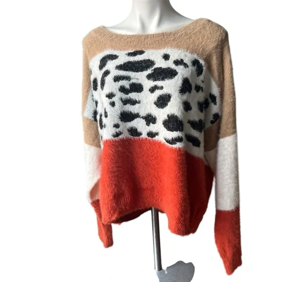 COCOBLEU Colorblock Leopard Print Fuzzy Crewneck Sweater, Sz 1X - Picture 4 of 14